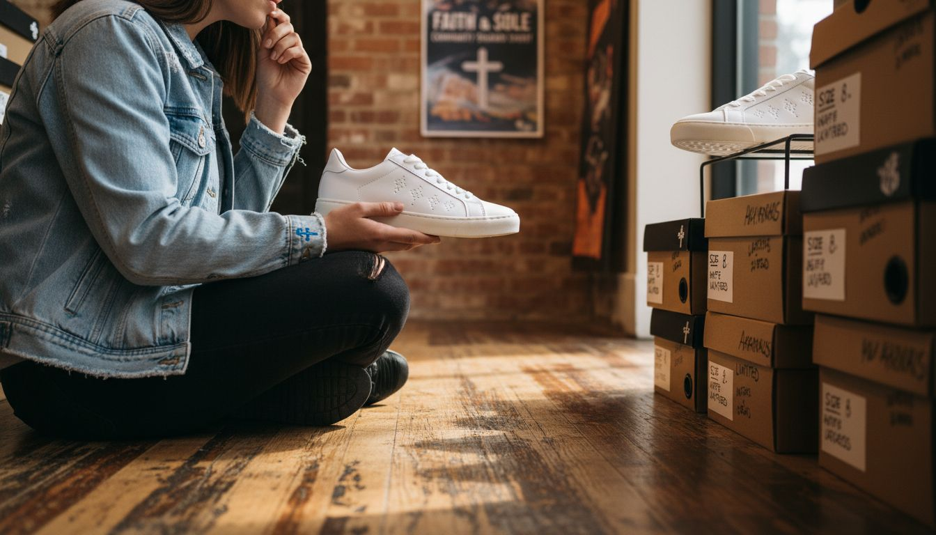 Woman examining faith-inspired shoe design