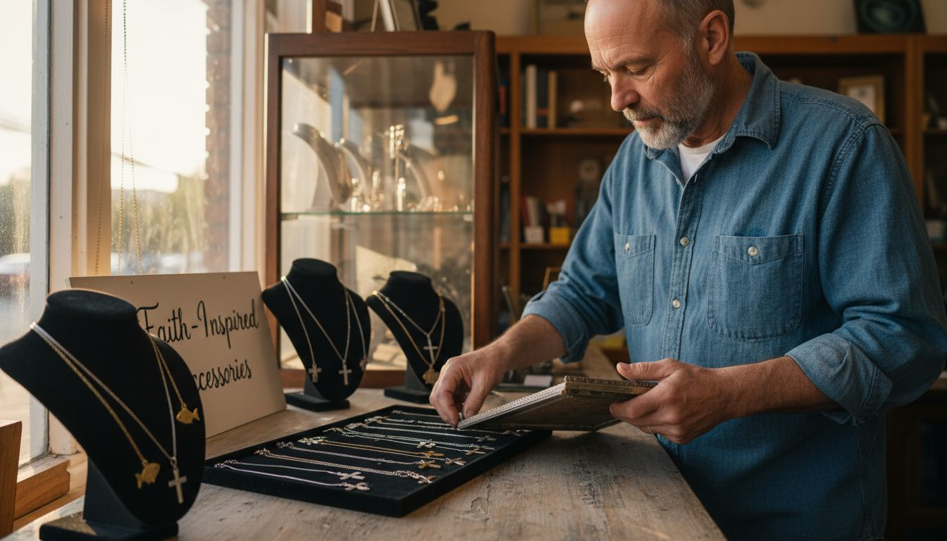 Man arranging Christian symbol jewelry display