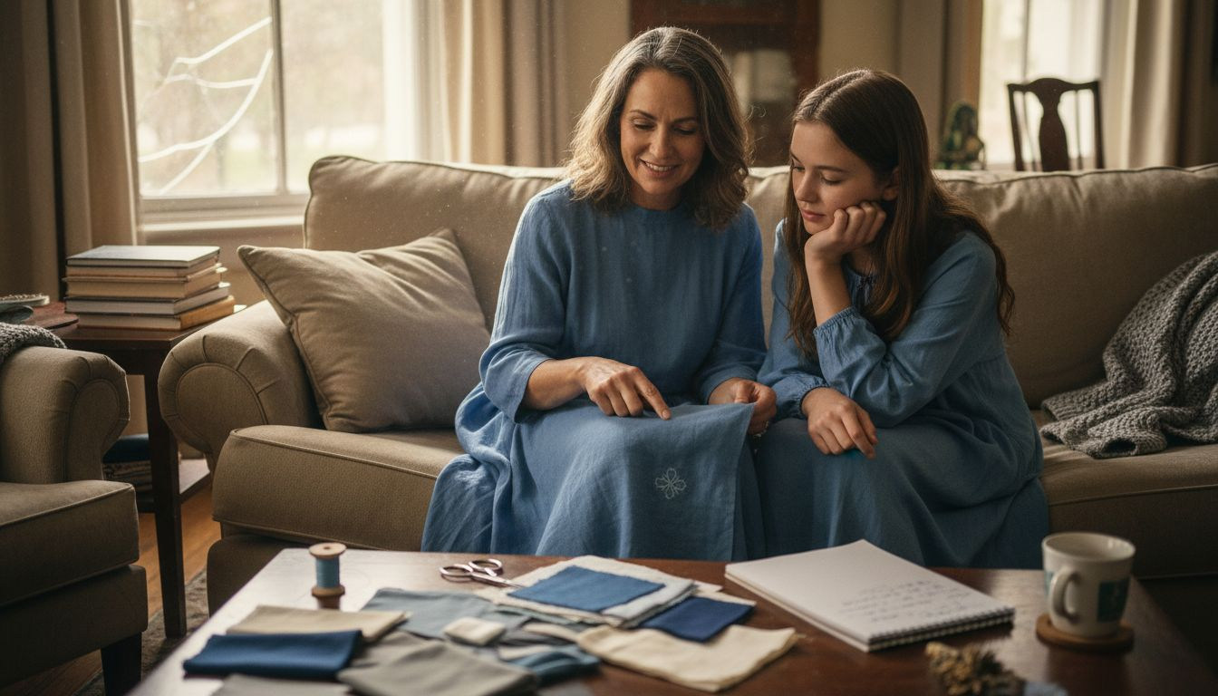 Mother and daughter reviewing modest dress details