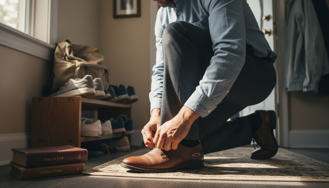 Man lacing faith-inspired shoes in entryway