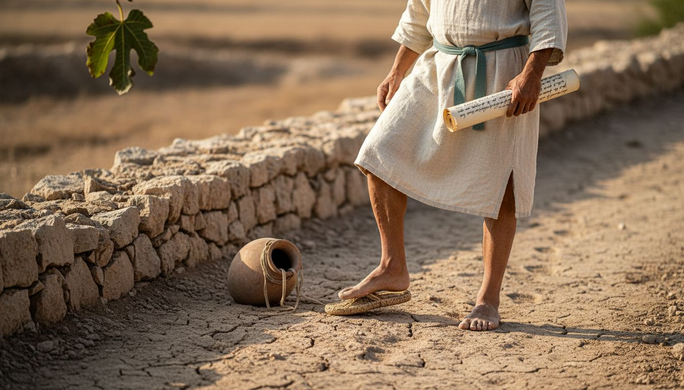 Man removing sandals in biblical setting
