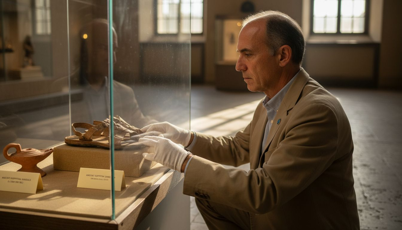 Curator displaying ancient biblical sandals