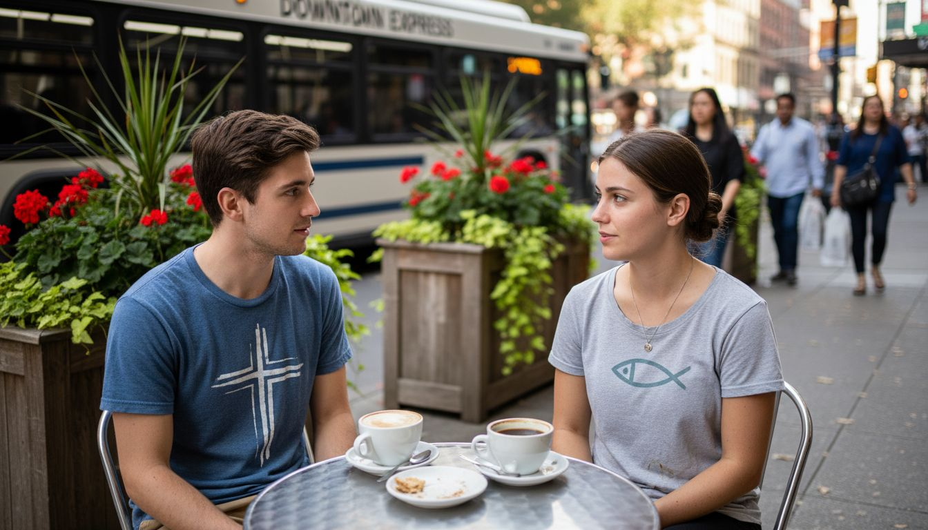 Friends wearing cross symbol t-shirts at café