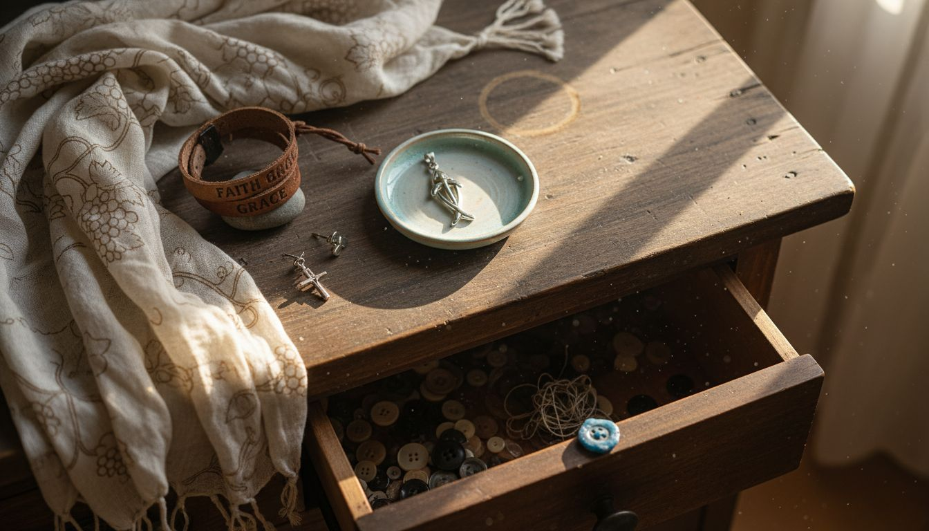 Christian fashion accessories arranged on dresser