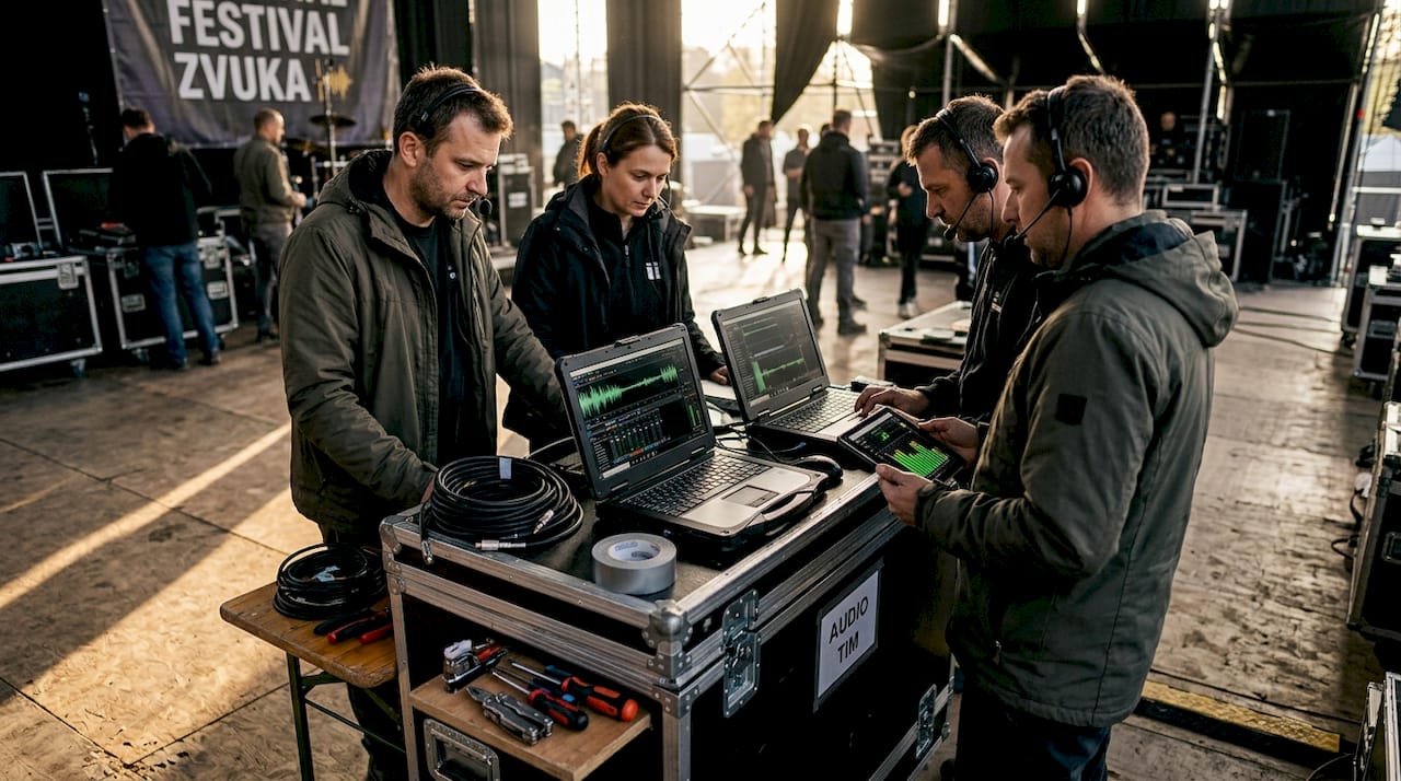Tehnička ekipa u backstageu pažljivo prati i podešava zvuk za festivalsku pozornicu.