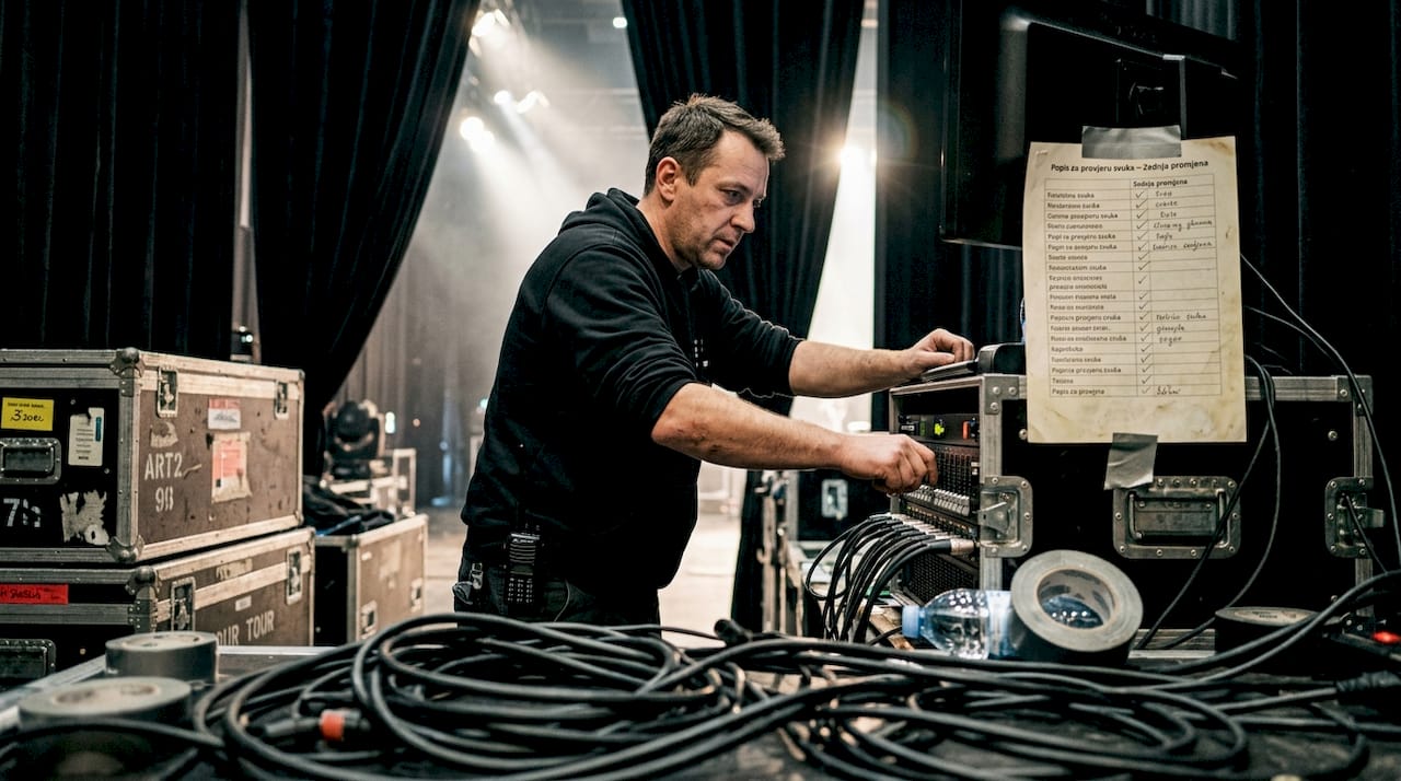 Scenski tehničar namješta ozvučenje iza pozornice.