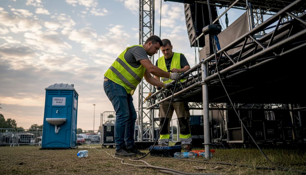 Tehnička ekipa postavlja i učvršćuje konstrukciju na otvorenom festivalu, kako bi sve bilo sigurno i spremno za nastup.