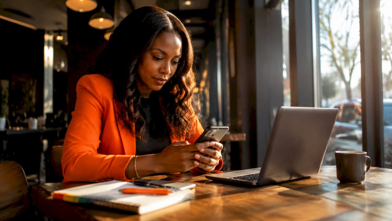Marketing specialist using smartphone at desk