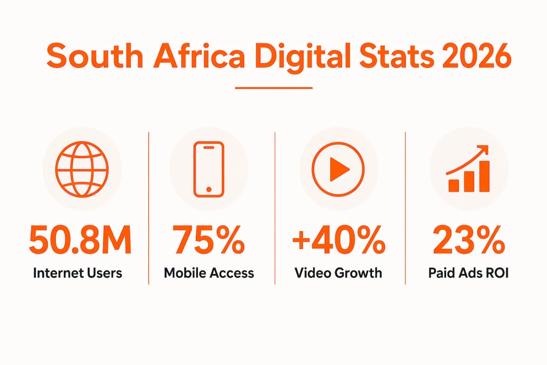 Infographic illustrating key digital marketing statistics for South Africa 2026