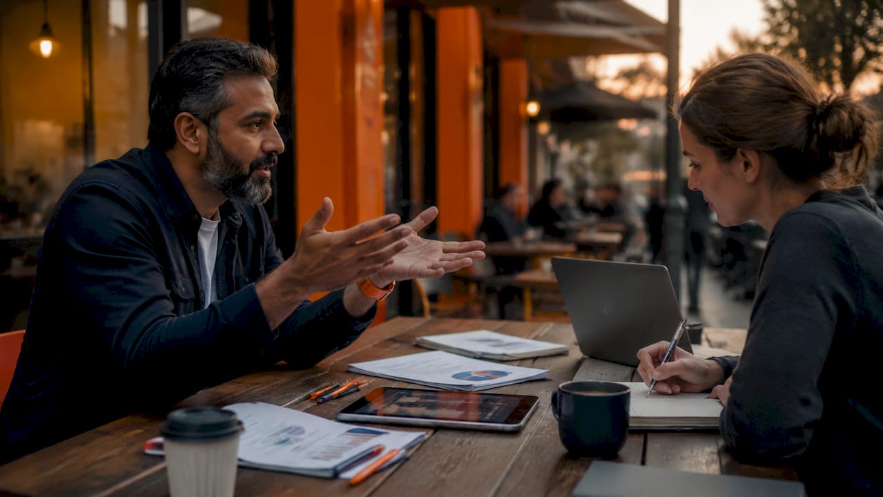Colleagues discussing SEO and Google Ads ROI metrics