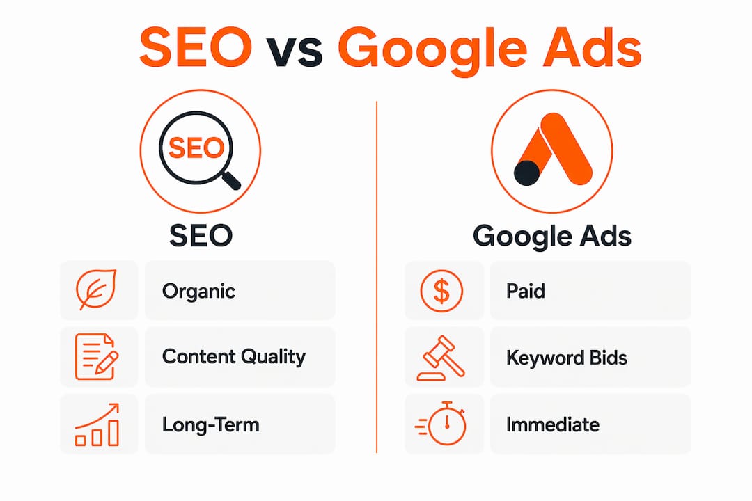 Infographic comparing SEO and Google Ads key aspects
