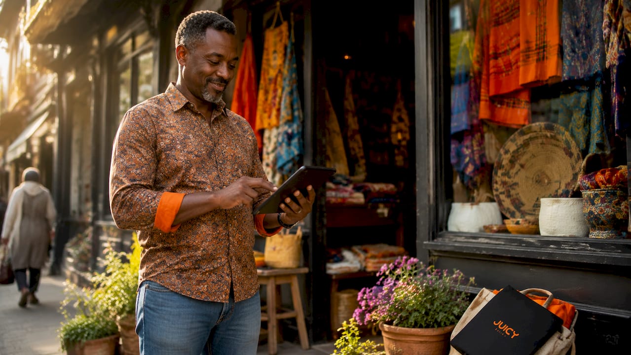 Local business owner using tablet for Google Maps ads