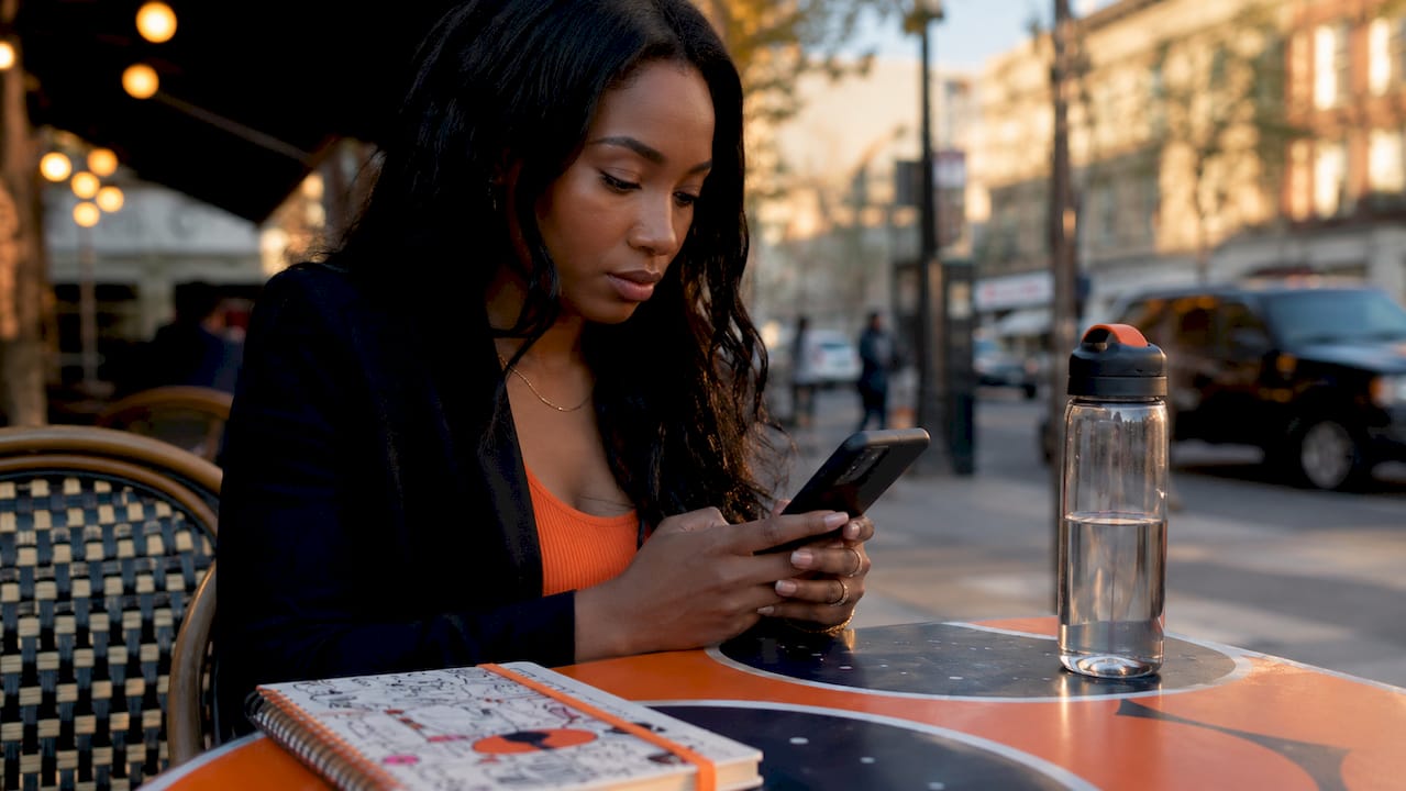 Woman using smartphone to analyze hashtag strategy