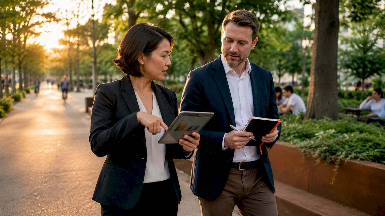 Two professionals discussing ad budget