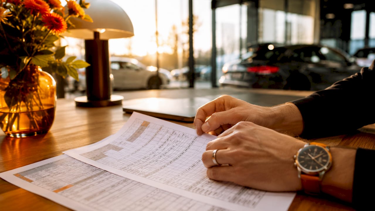 Hands adjusting vehicle inventory feed documents