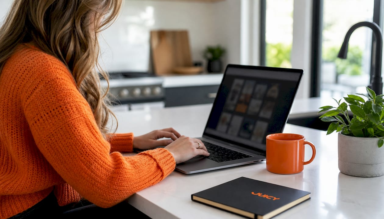Hands scrolling products on laptop at café table