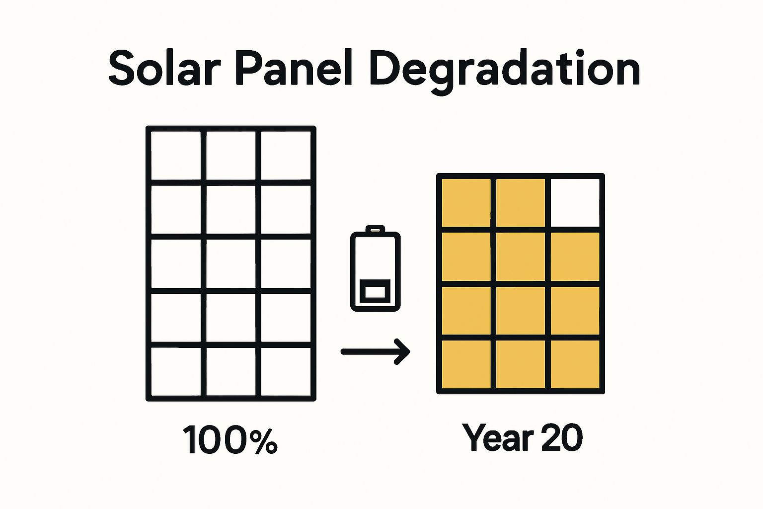 Infographic showing solar panel efficiency drop from year 1 to year 20