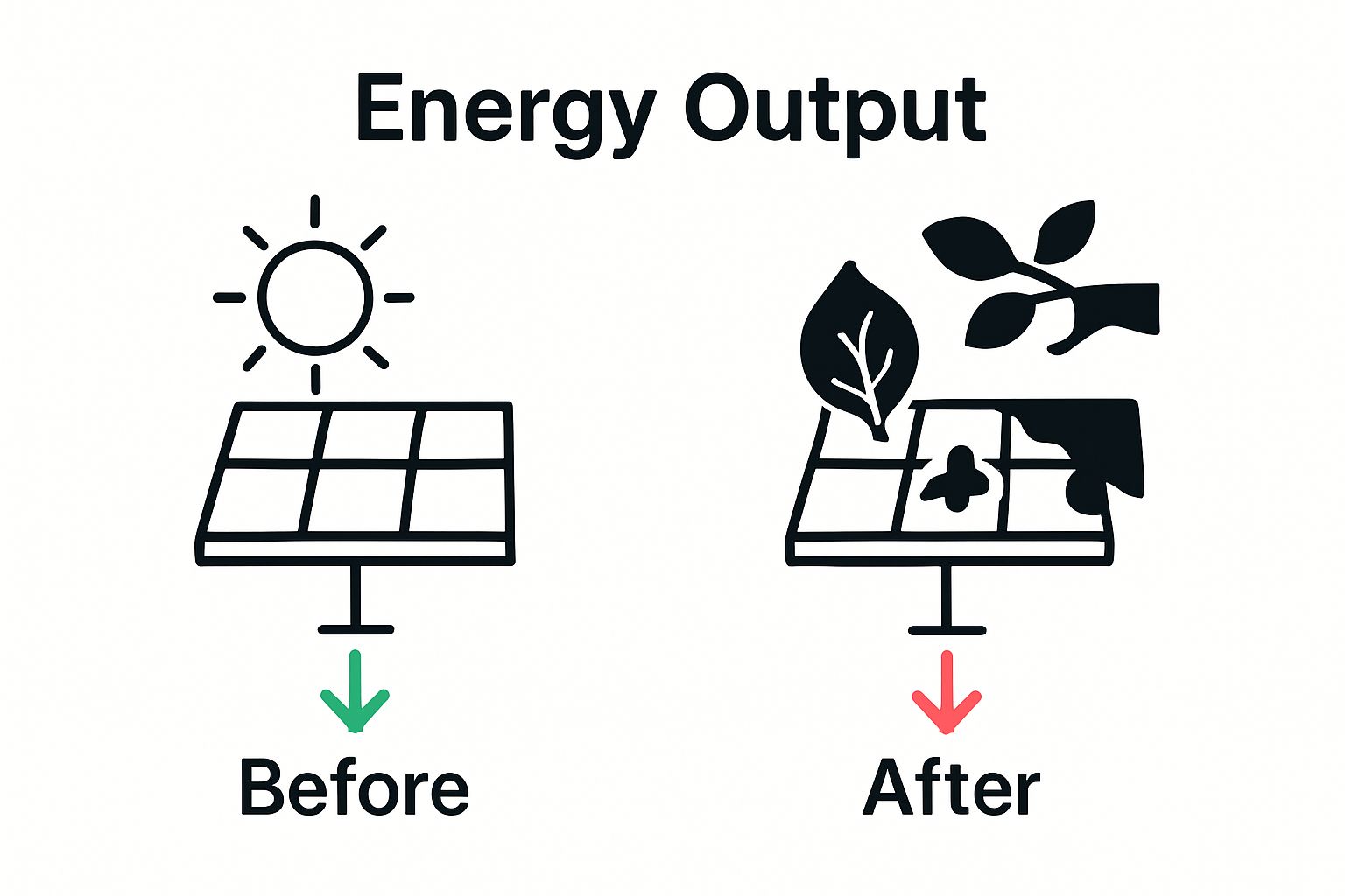 Infographic comparing clean versus obstructed solar panel outputs