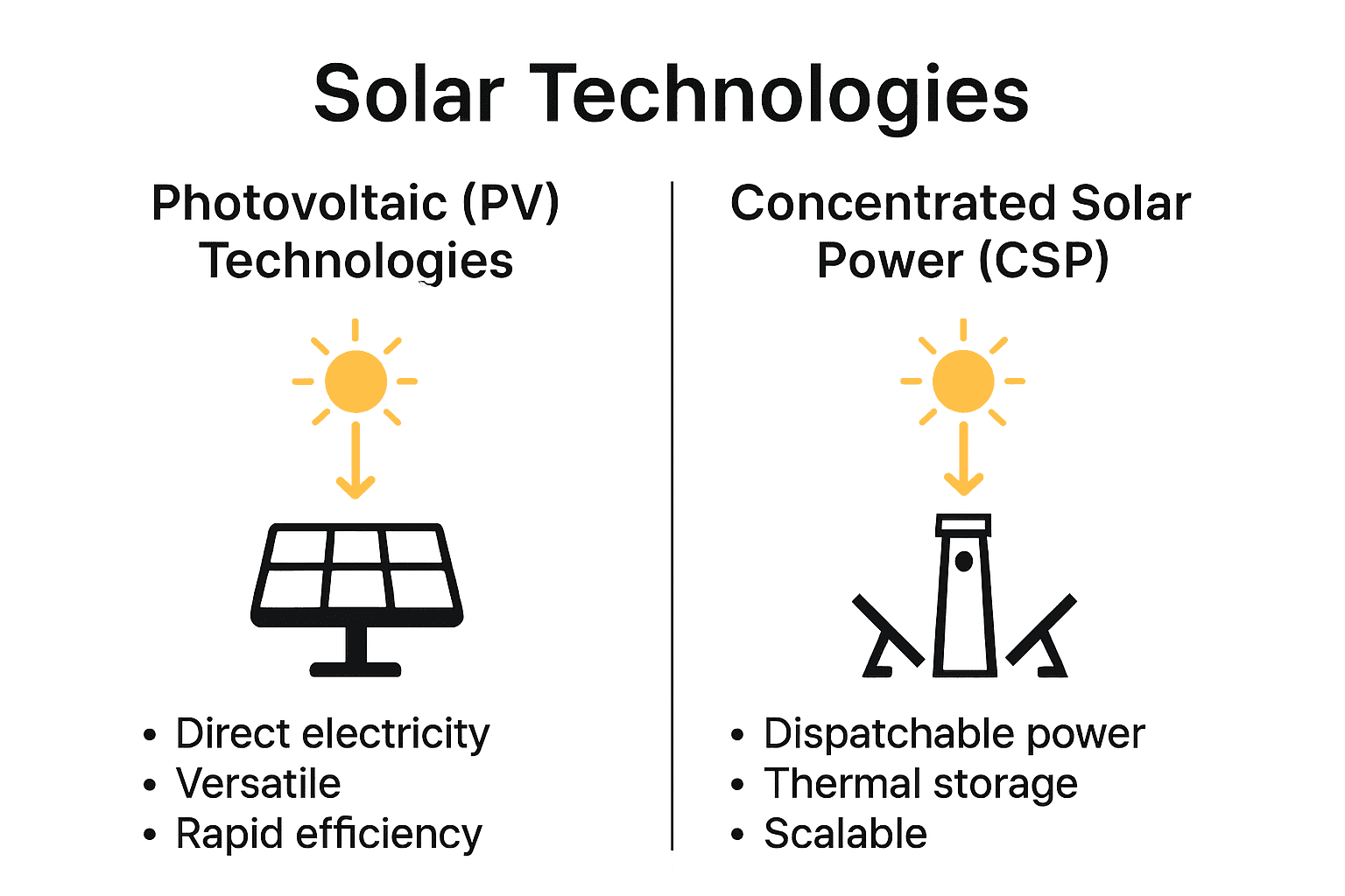 Infographic comparing PV and CSP solar technologies with icons and main strengths.