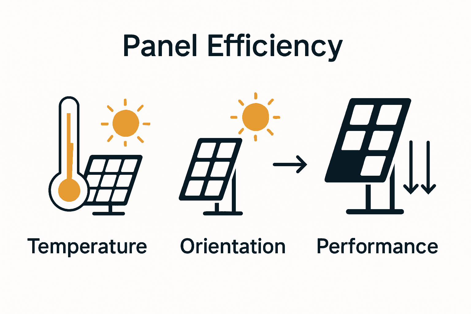 Infographic showing how temperature, orientation, and shading affect solar panel efficiency
