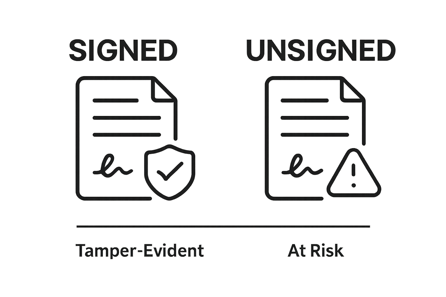 Infographic comparing secure signed and insecure unsigned digital documents