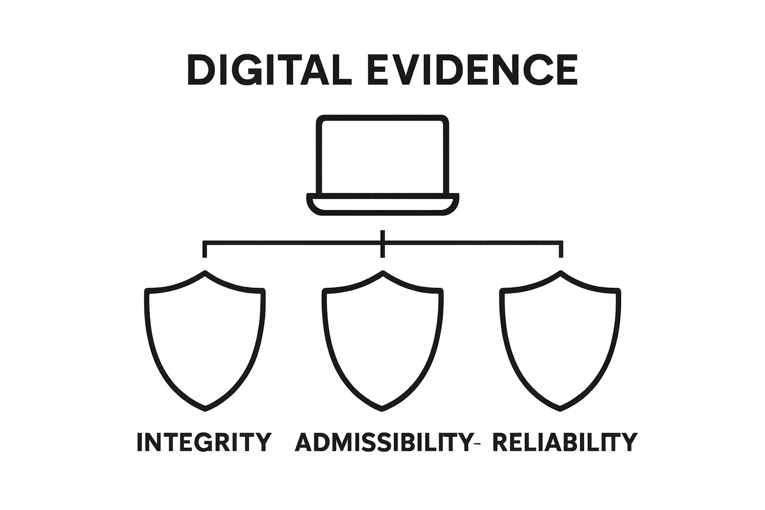 Three shields demonstrating integrity, admissibility, and reliability in digital forensic evidence.