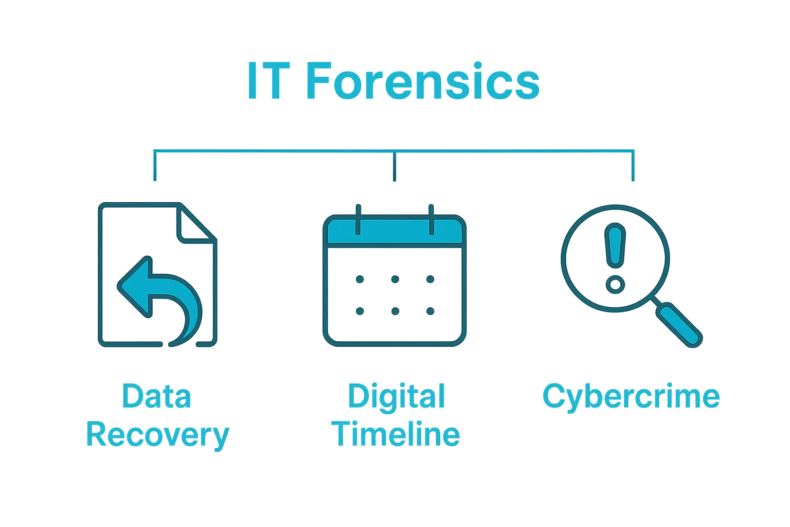 Infographic with file recovery, timeline, and cybercrime icons for IT forensics