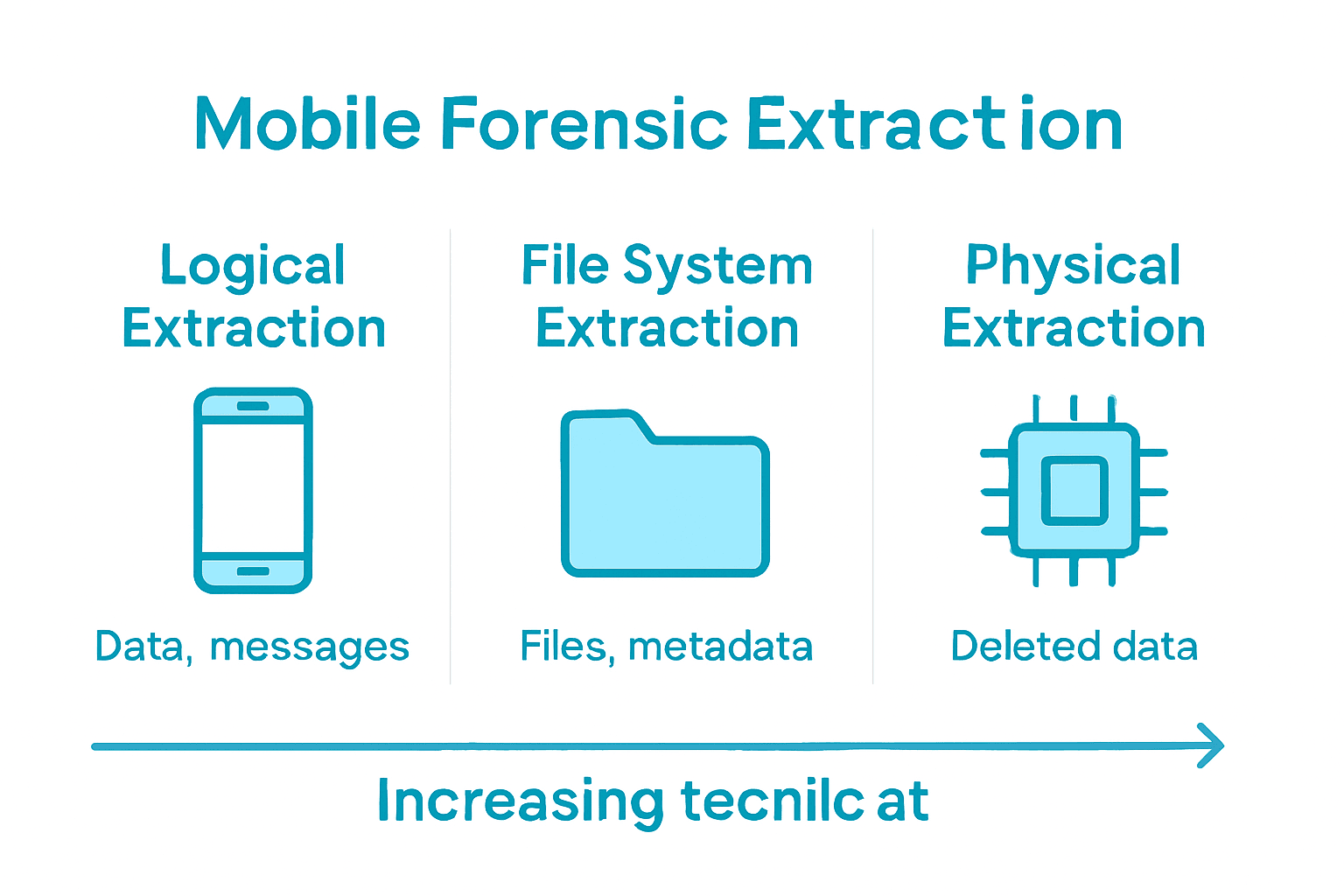 Infographic comparing three mobile forensics extraction techniques.
