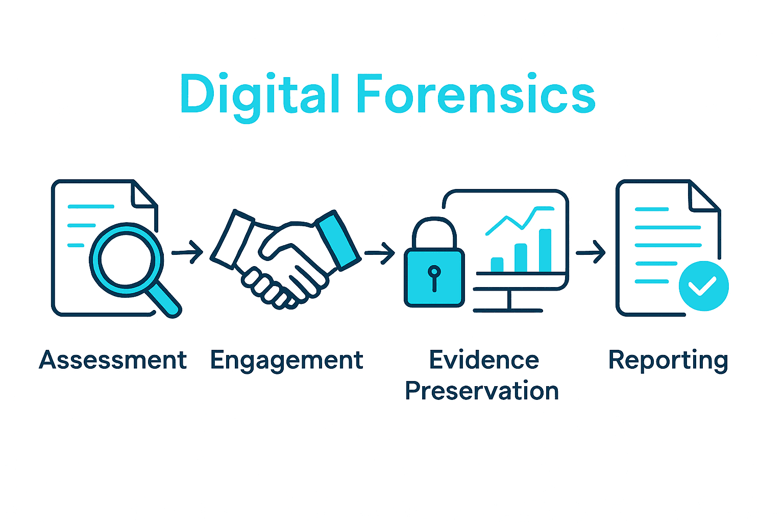 Infographic of five-step digital forensic investigation process with icons.