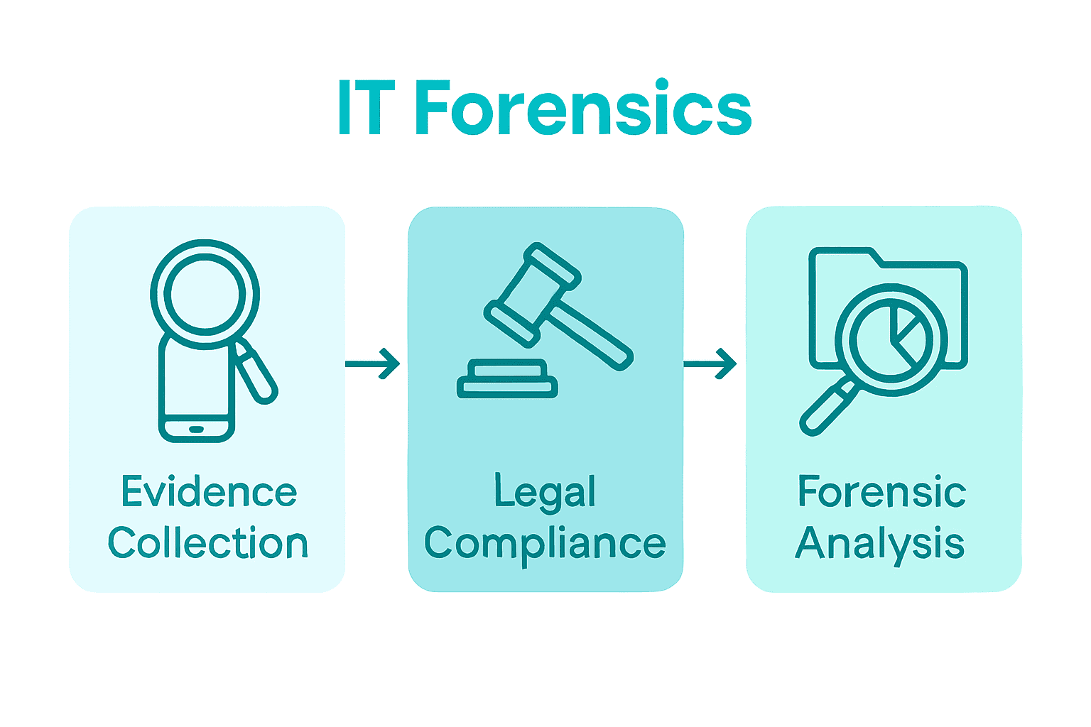 Infographic showing evidence collection, legal compliance, and forensic analysis steps in digital investigations.