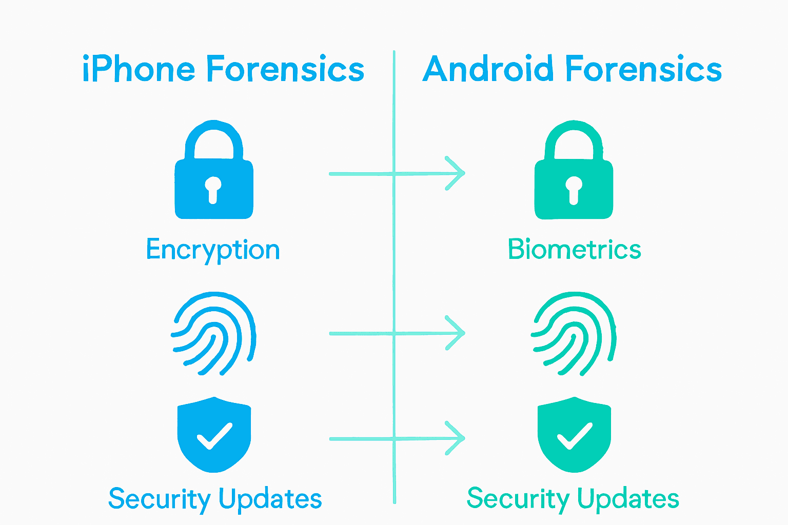 Challenges Extracting Data From New Phones: Complete Guide 1 Infographic comparing iPhone and Android forensic barriers
