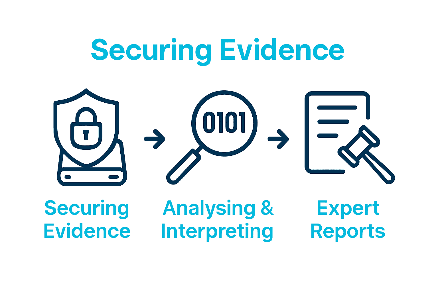 Three-step flowchart of evidence security, analysis, and reporting