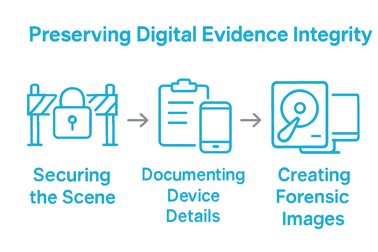 Infographic showing three steps to preserve digital evidence: secure scene, document devices, image evidence.