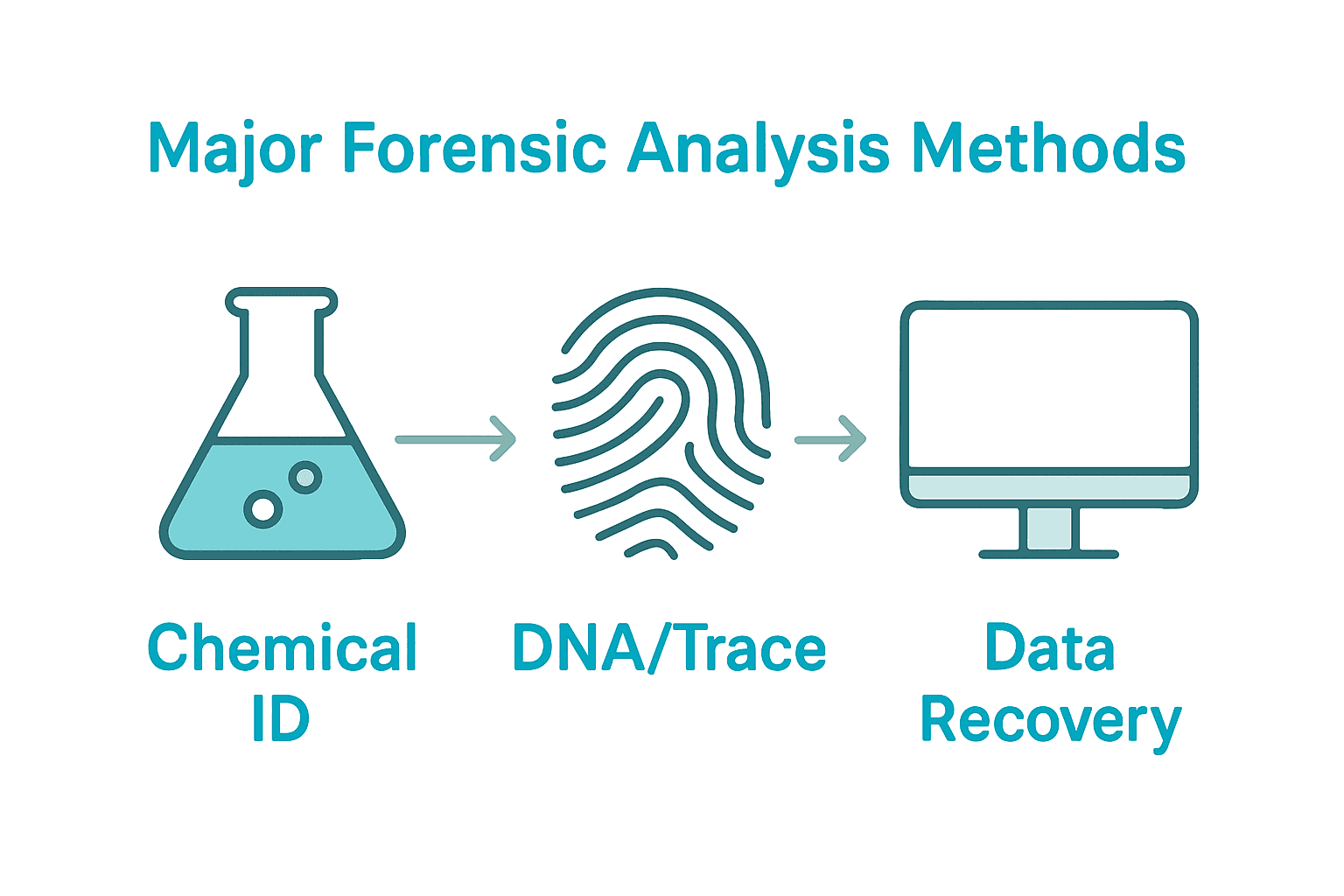 Icons comparing chemical, biological, and digital forensic analysis methods