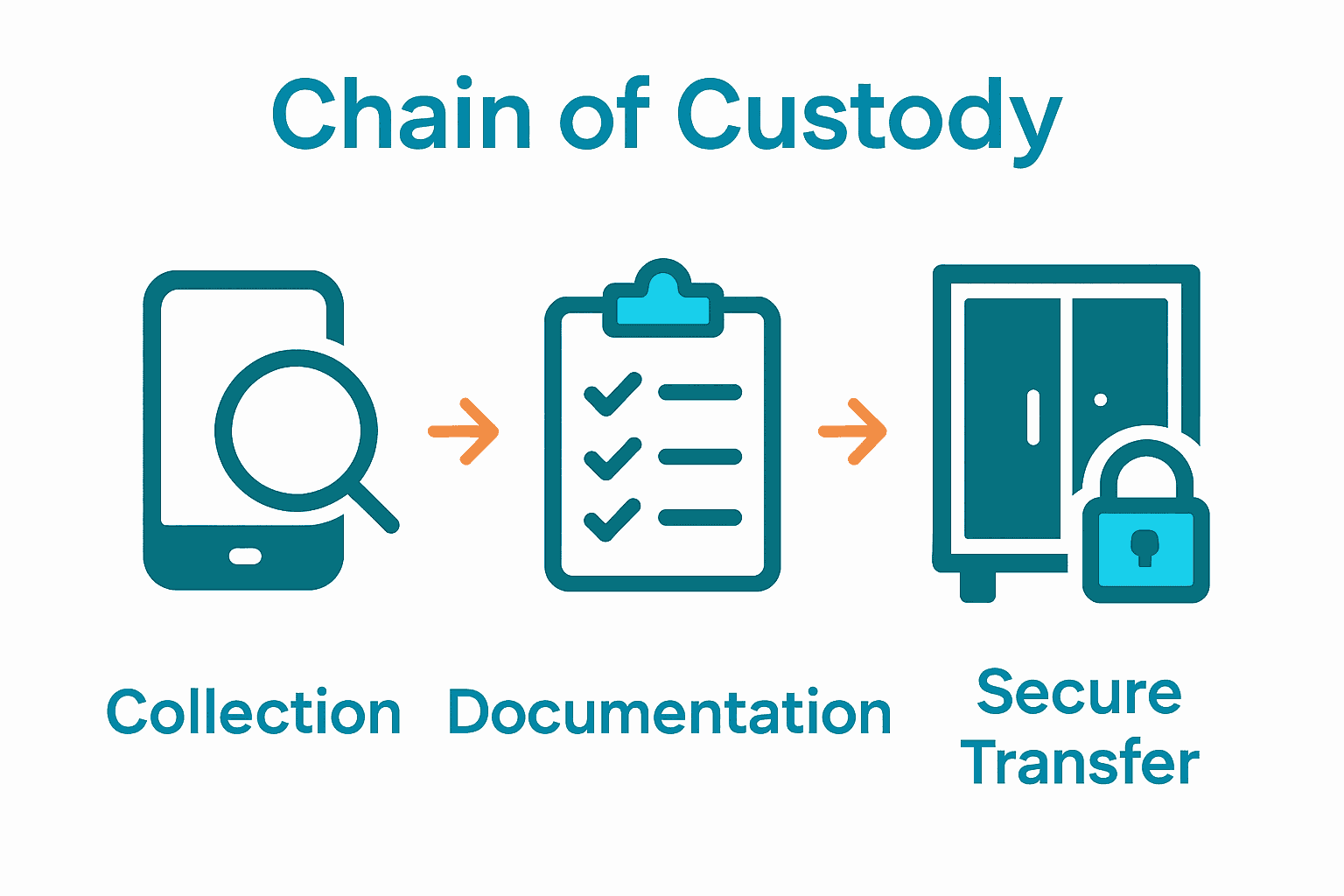 Infographic showing the key steps in digital evidence chain of custody: collection, documentation, and secure storage.