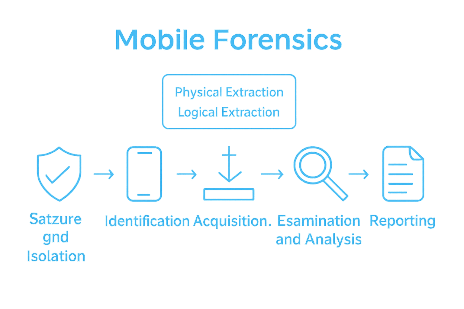 Infographic showing the five stages of mobile forensics process with icons and arrows.