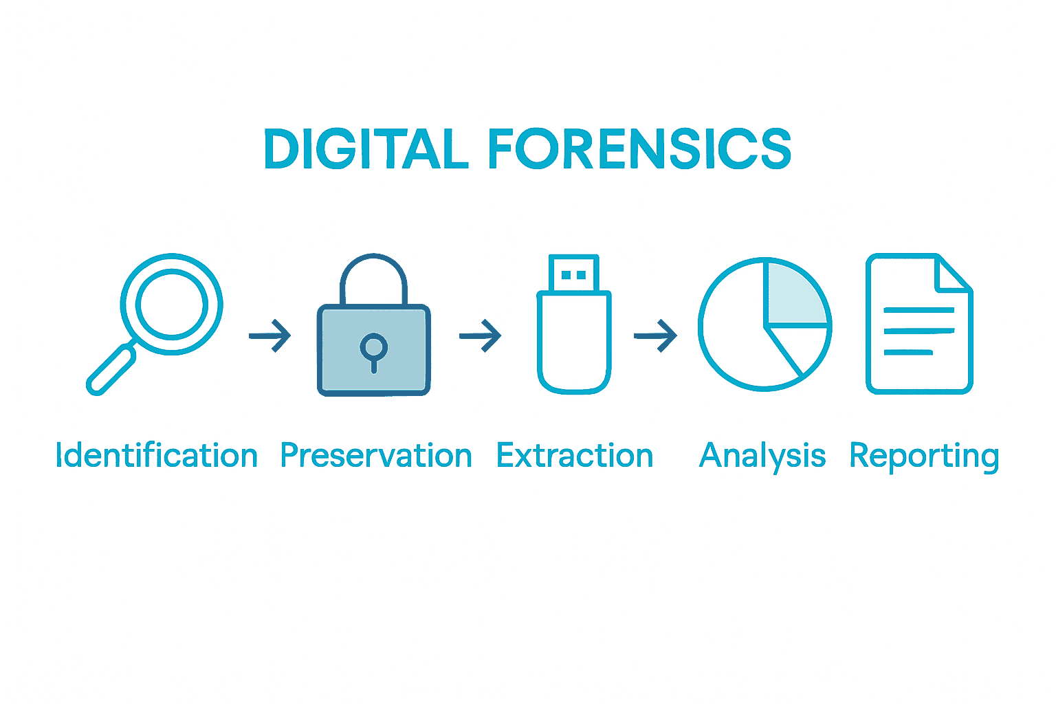 Infographic showing 5 stages of digital forensic process with icons.