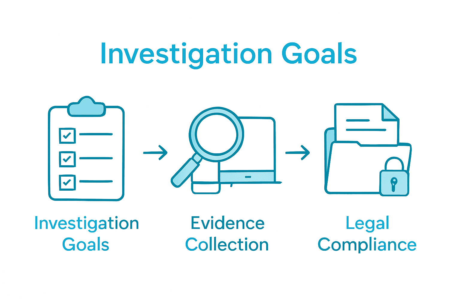 Infographic showing digital forensics process: goals, evidence collection, legal compliance.