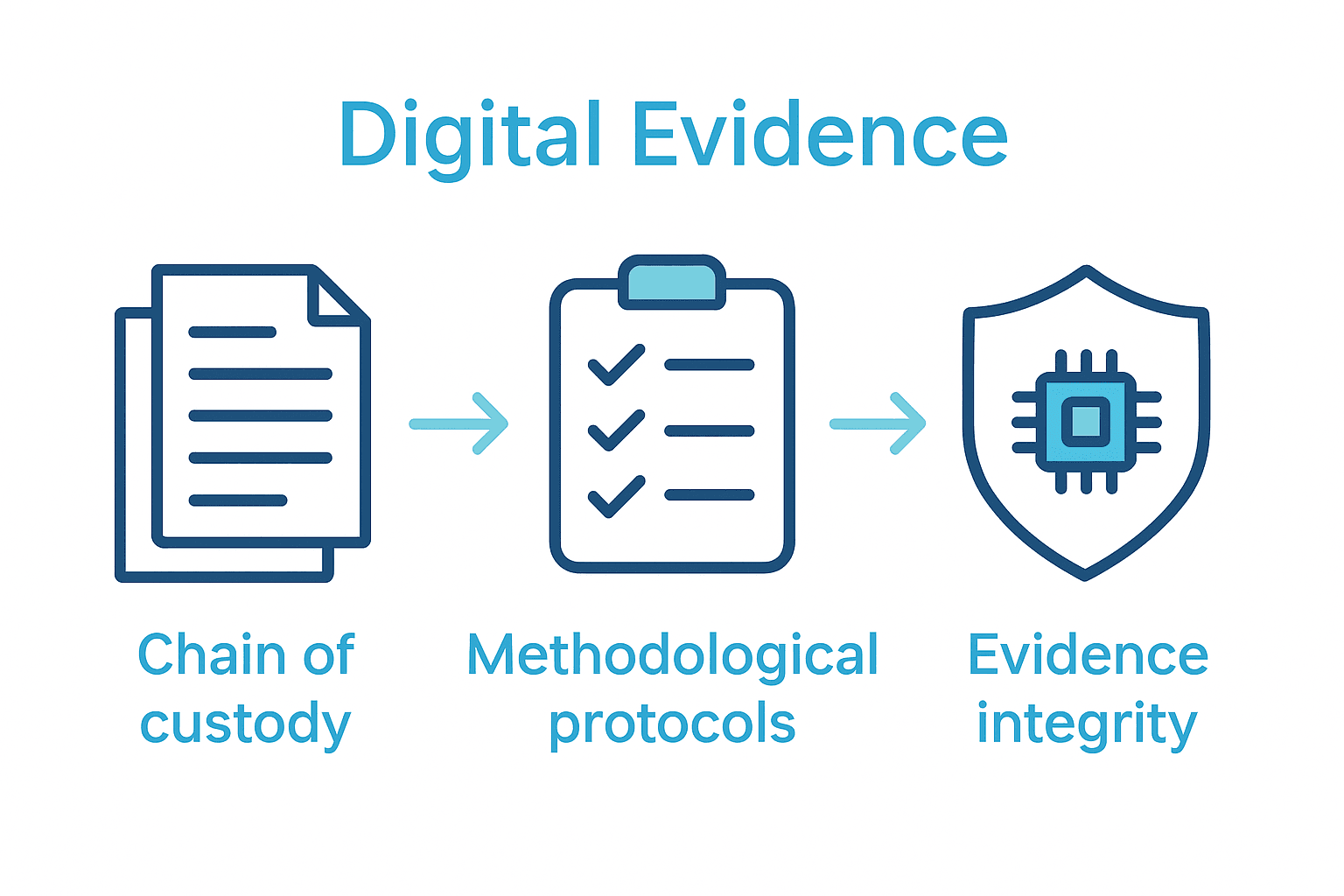Infographic showing chain of custody, protocols, and evidence integrity for digital admissibility.