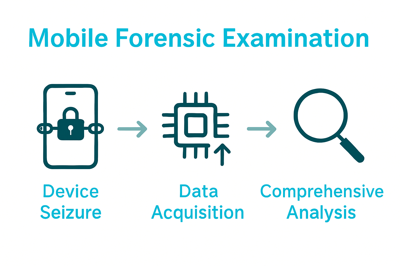 Infographic showing the three main stages of mobile forensic examination process.