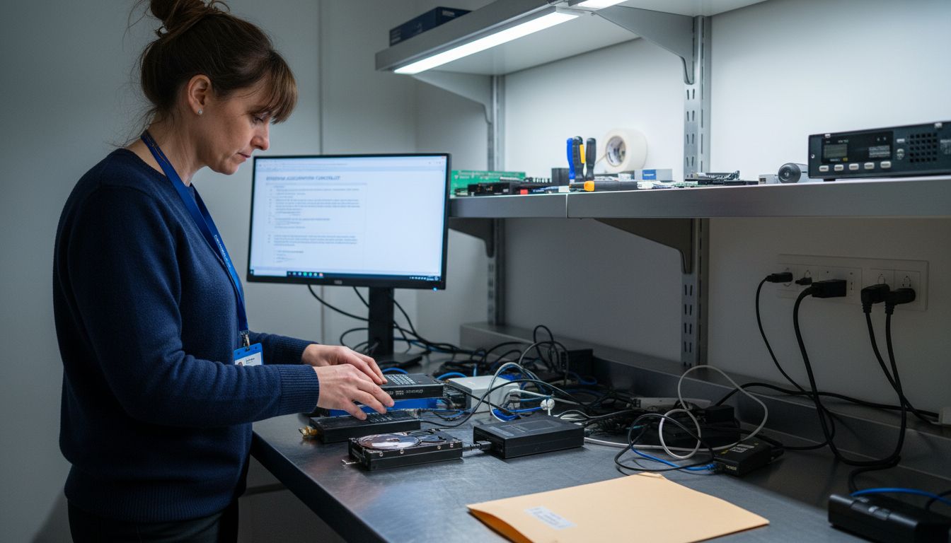 Master the Data Recovery Workflow for Legal Evidence 1 Forensics specialist sets up forensic toolkit in lab