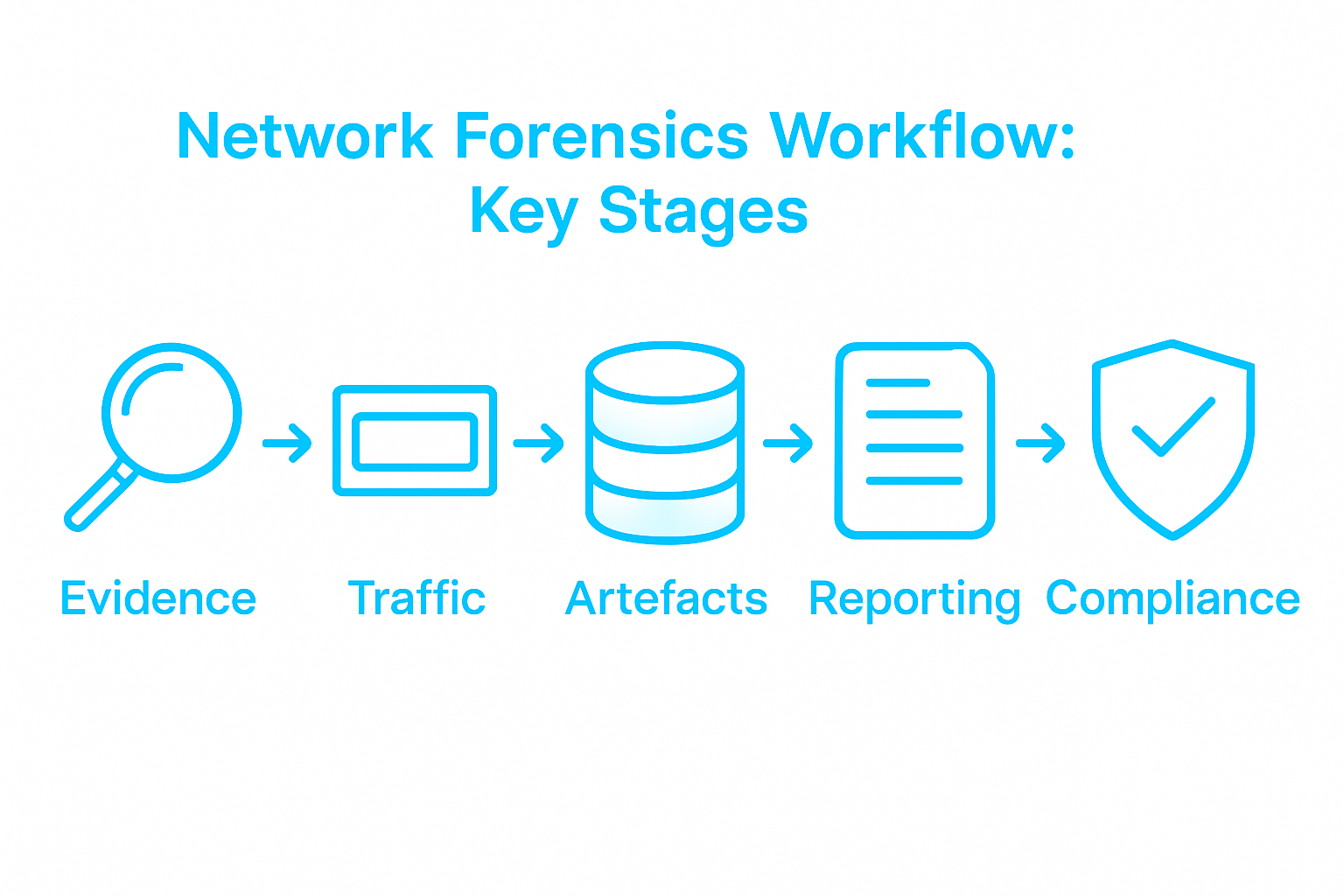 Master the Network Forensics Workflow for Effective Investigations 2 Five-stage network forensics process infographic