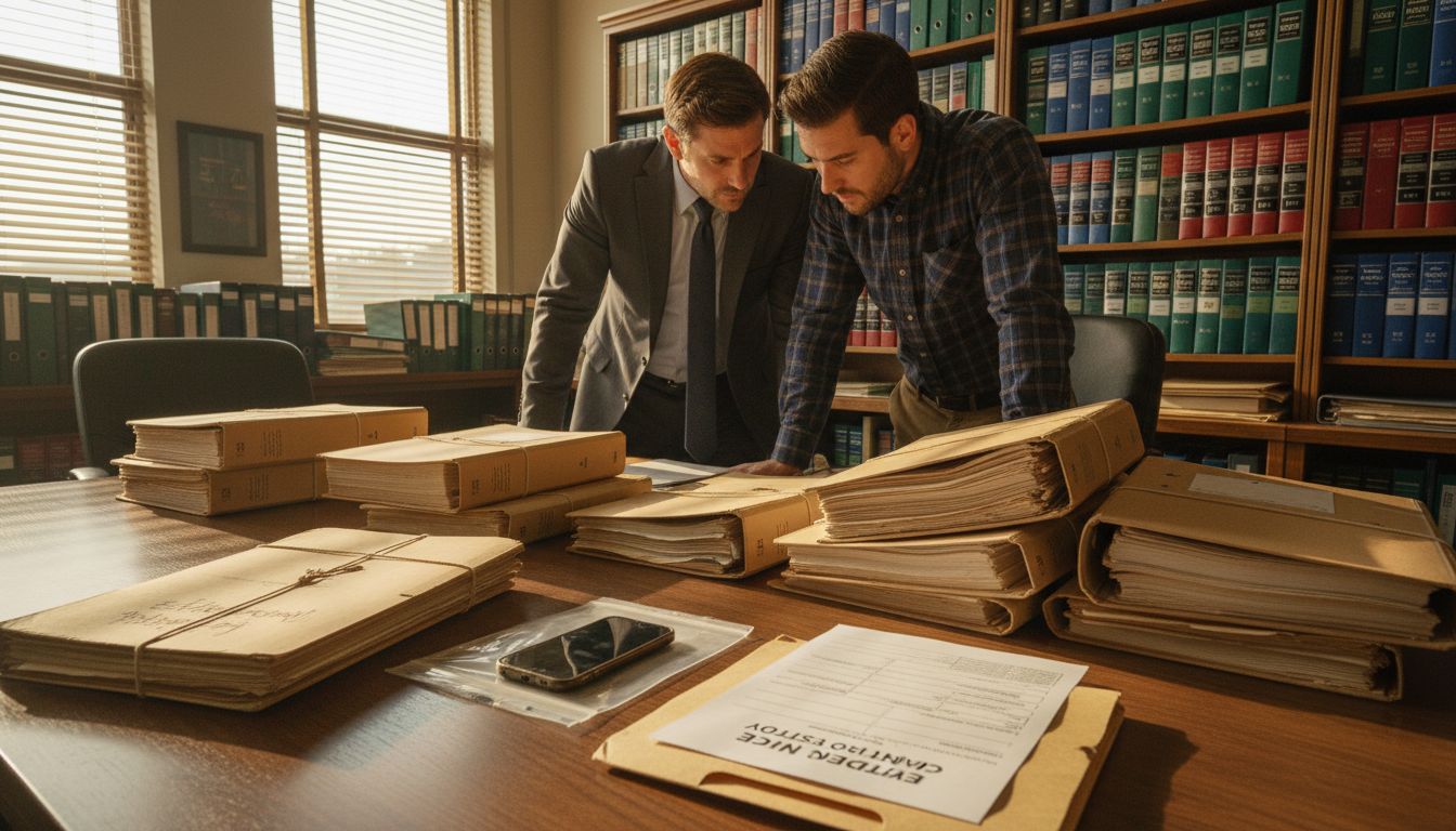 Legal team discussing case evidence files
