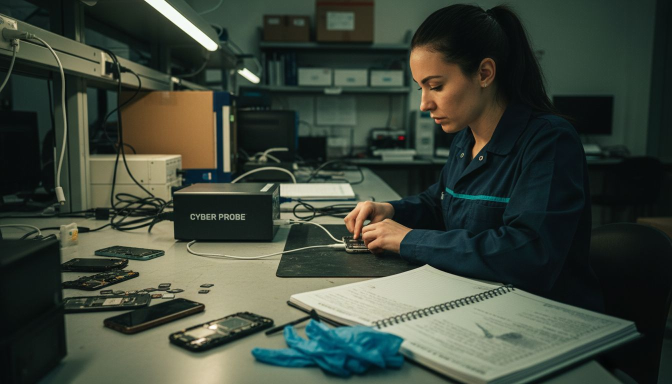 Forensics in Cybersecurity: Safeguarding Digital Evidence 1 Technician performing mobile forensics lab work