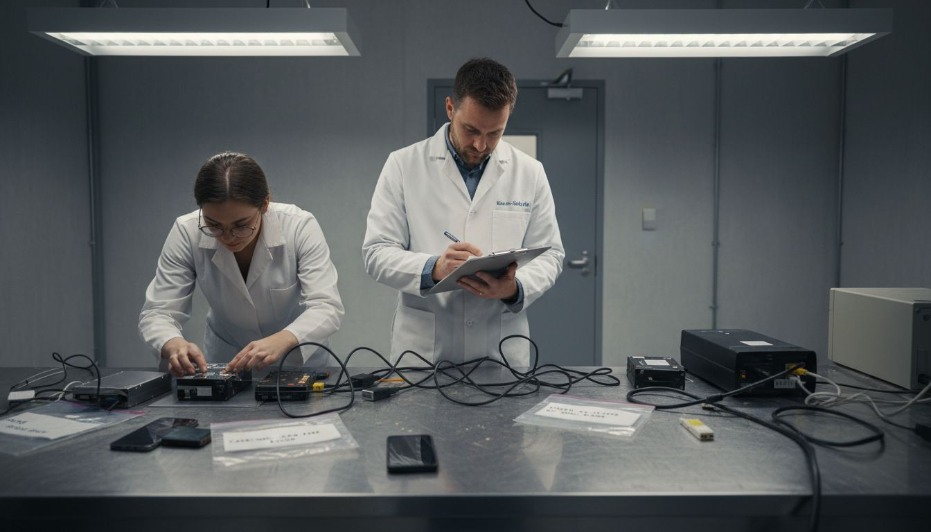 Digital Forensics Terminology – Why Precision Matters 2 Technicians performing forensic evidence examination