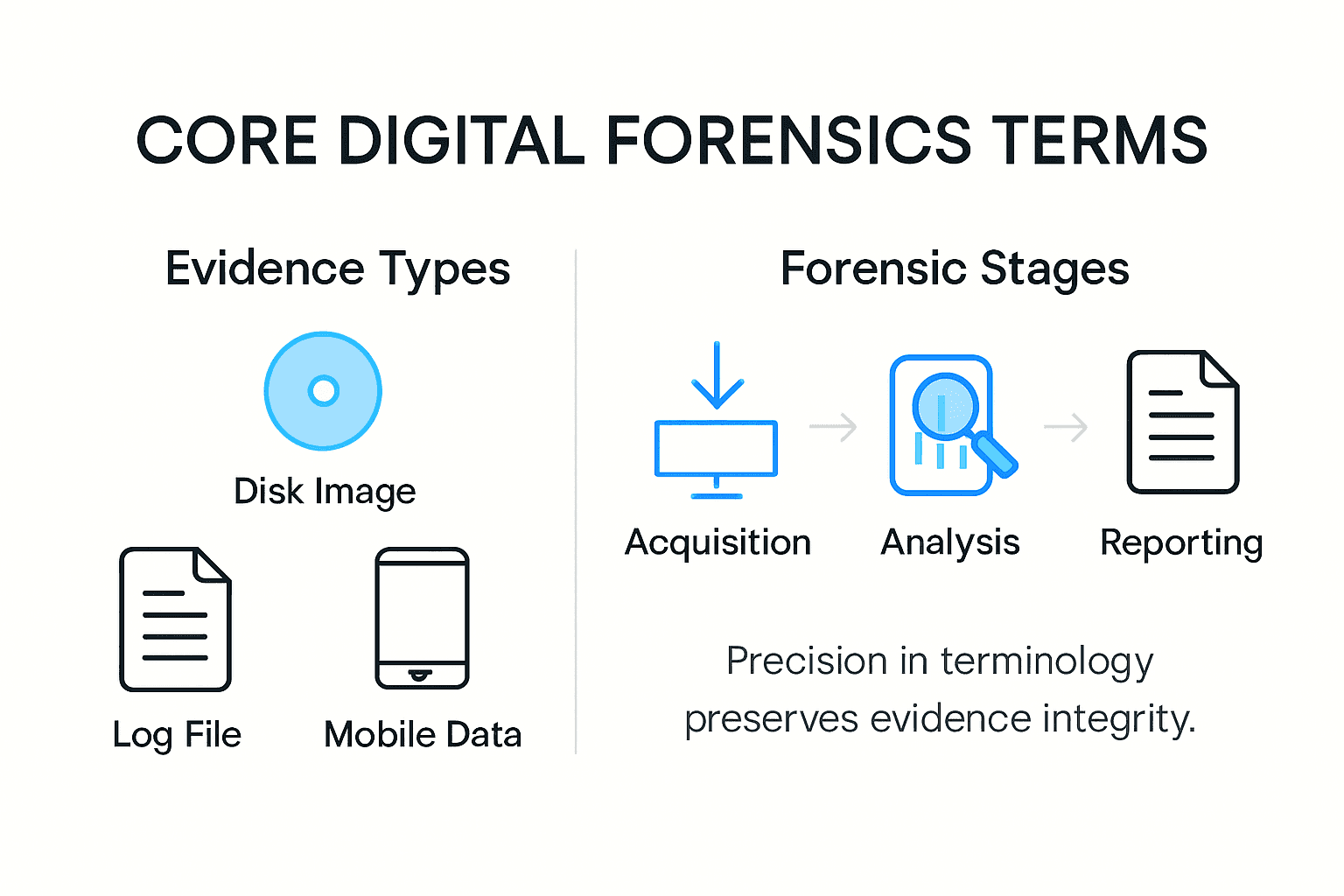Digital Forensics Terminology – Why Precision Matters 1 Infographic with key digital forensics terms and stages