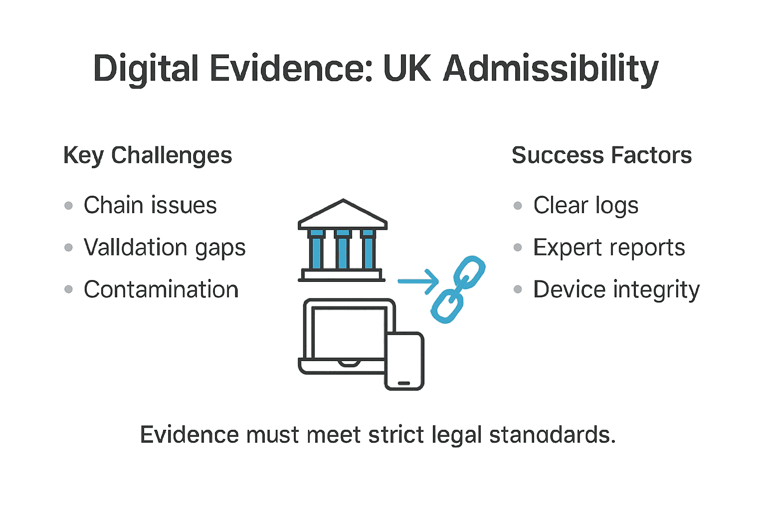 Why Digital Evidence Matters for Legal Defence 2 Infographic about digital evidence admissibility and challenges