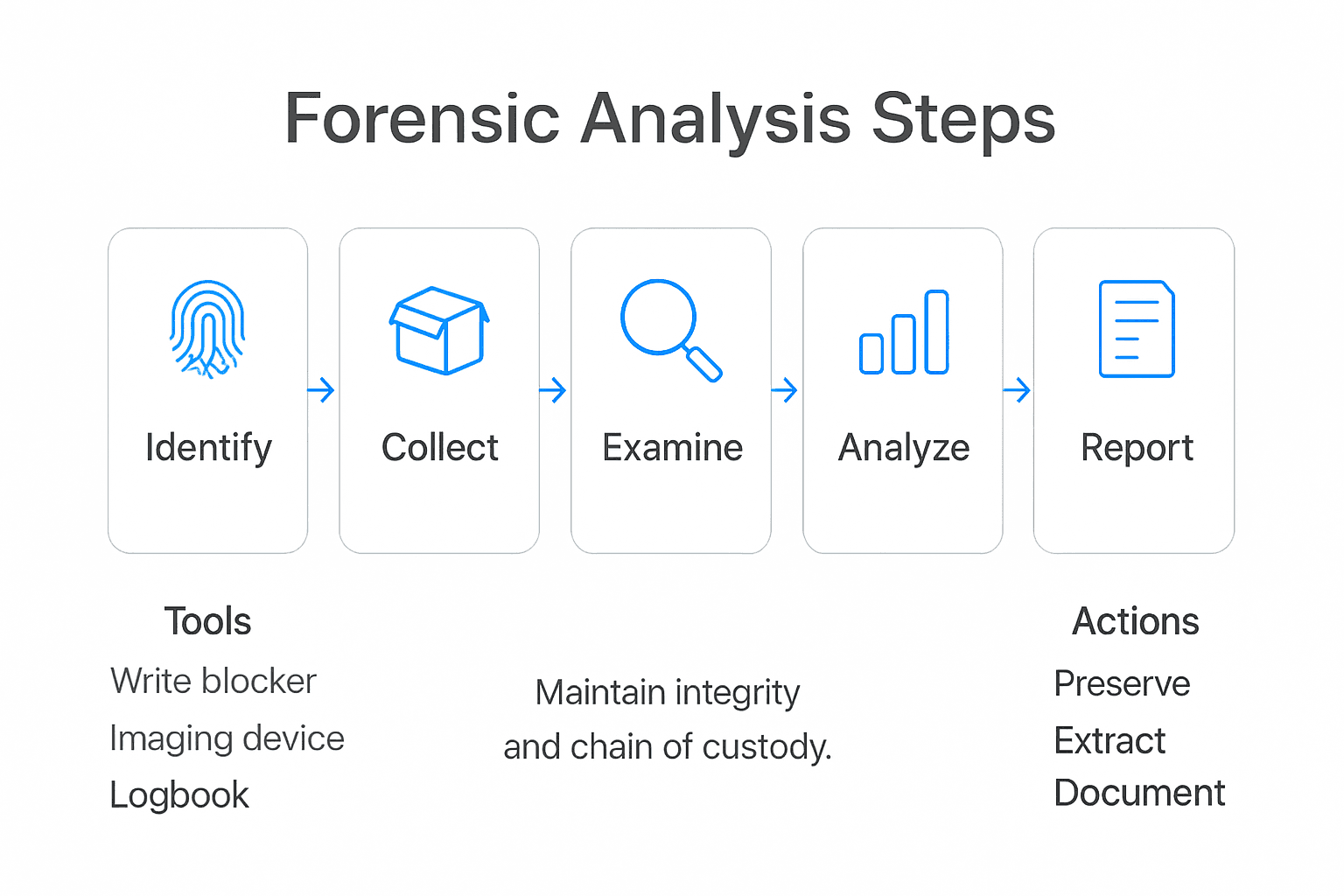 Step by Step Forensic Analysis for Legal Evidence 2 Infographic summarizing forensic analysis steps