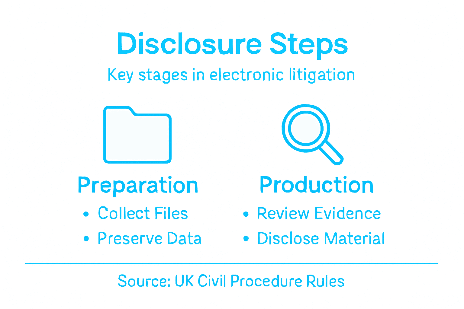 Electronic Disclosure: Streamlining Evidence in Litigation 2 Infographic showing steps in electronic disclosure