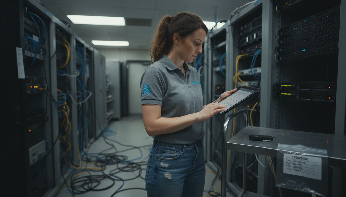 Digital Forensics Trends 2025: AI, Cloud, and Law 2 Forensic specialist in server room